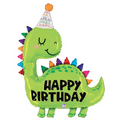 A green dinosaur mylar balloon with a party hat and 'Happy Birthday' text on it.