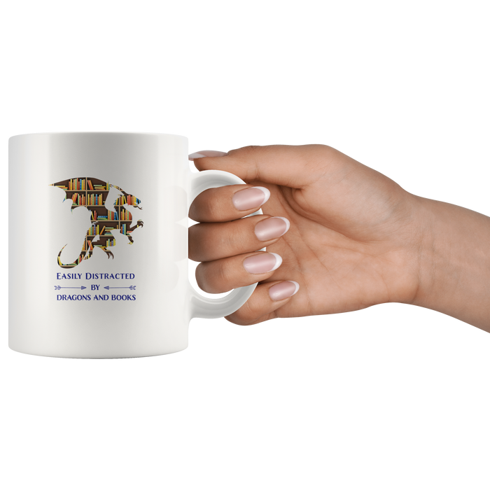 Easily Distracted by Dragons & Books, 11oz & 15oz Mug Options, Shipping Included