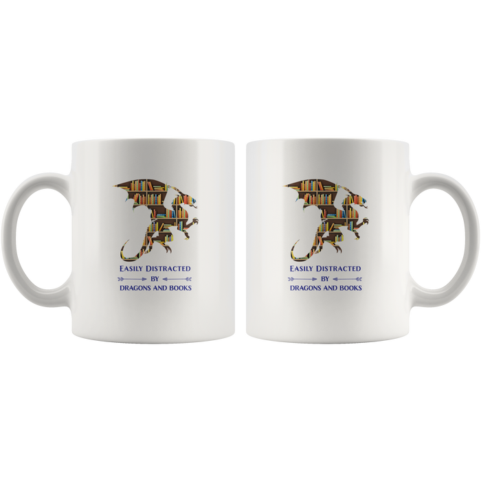 Easily Distracted by Dragons & Books, 11oz & 15oz Mug Options, Shipping Included