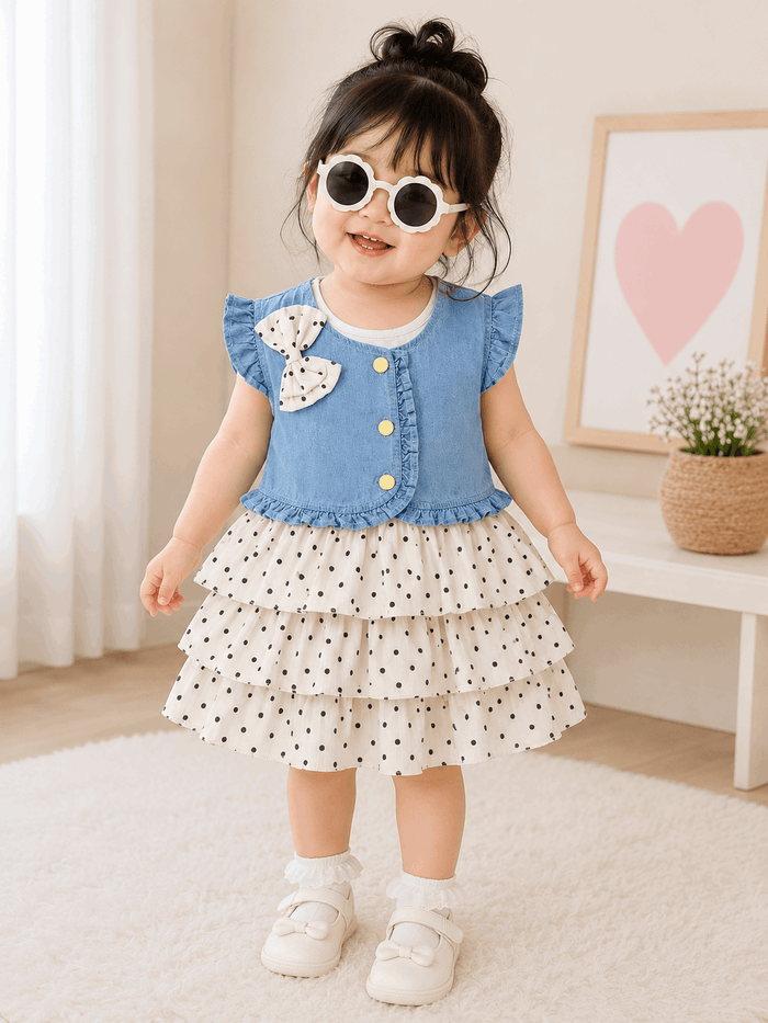 Girls Denim Jacket Dotted Frock - Nishat Creative Store