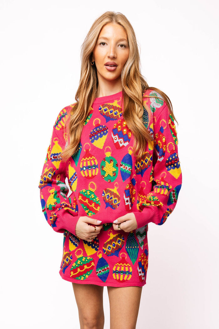 Queen of Sparkles - Hot Pink Multi Jeweled Ornament Sweater