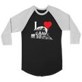 I Love Trains 3/4 Raglan Sleeve Unisex Shirt, Black, Shipping Included