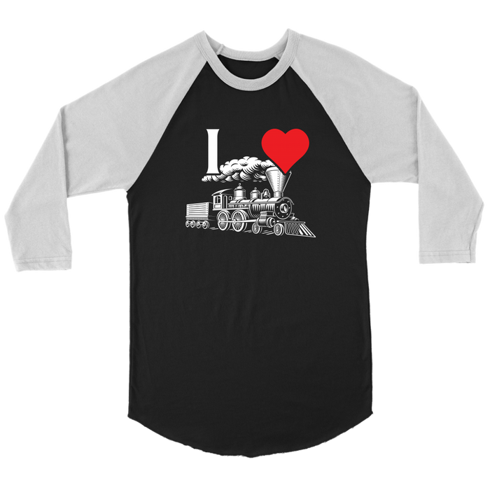 I Love Trains 3/4 Raglan Sleeve Unisex Shirt, Black, Shipping Included