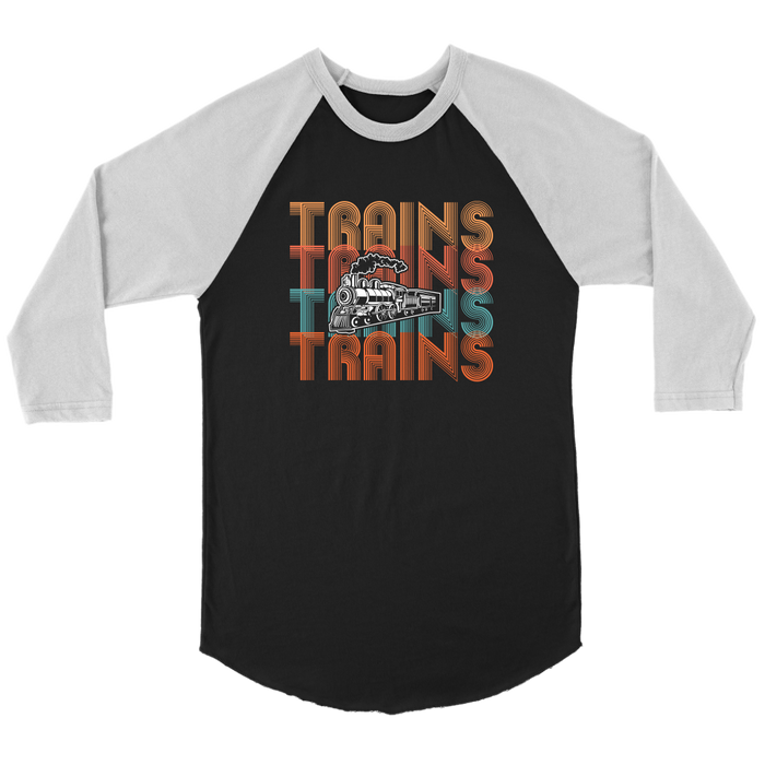 Retro Trains Text and Drawing 3/4 Raglan Sleeve Unisex Shirt, Black, Shipping Included